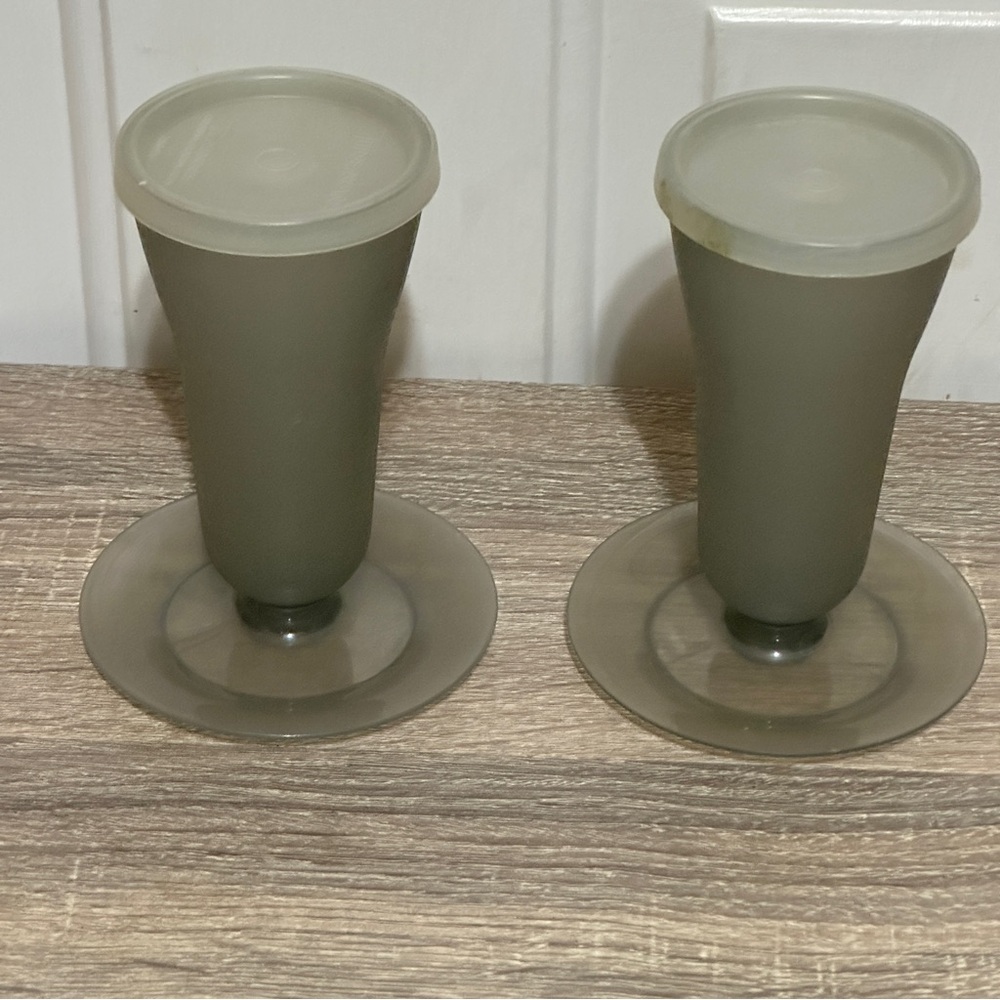 VTG Tupperware Parfait , Pudding Cups Smokey Gray with Lids and Bases - Set of 2